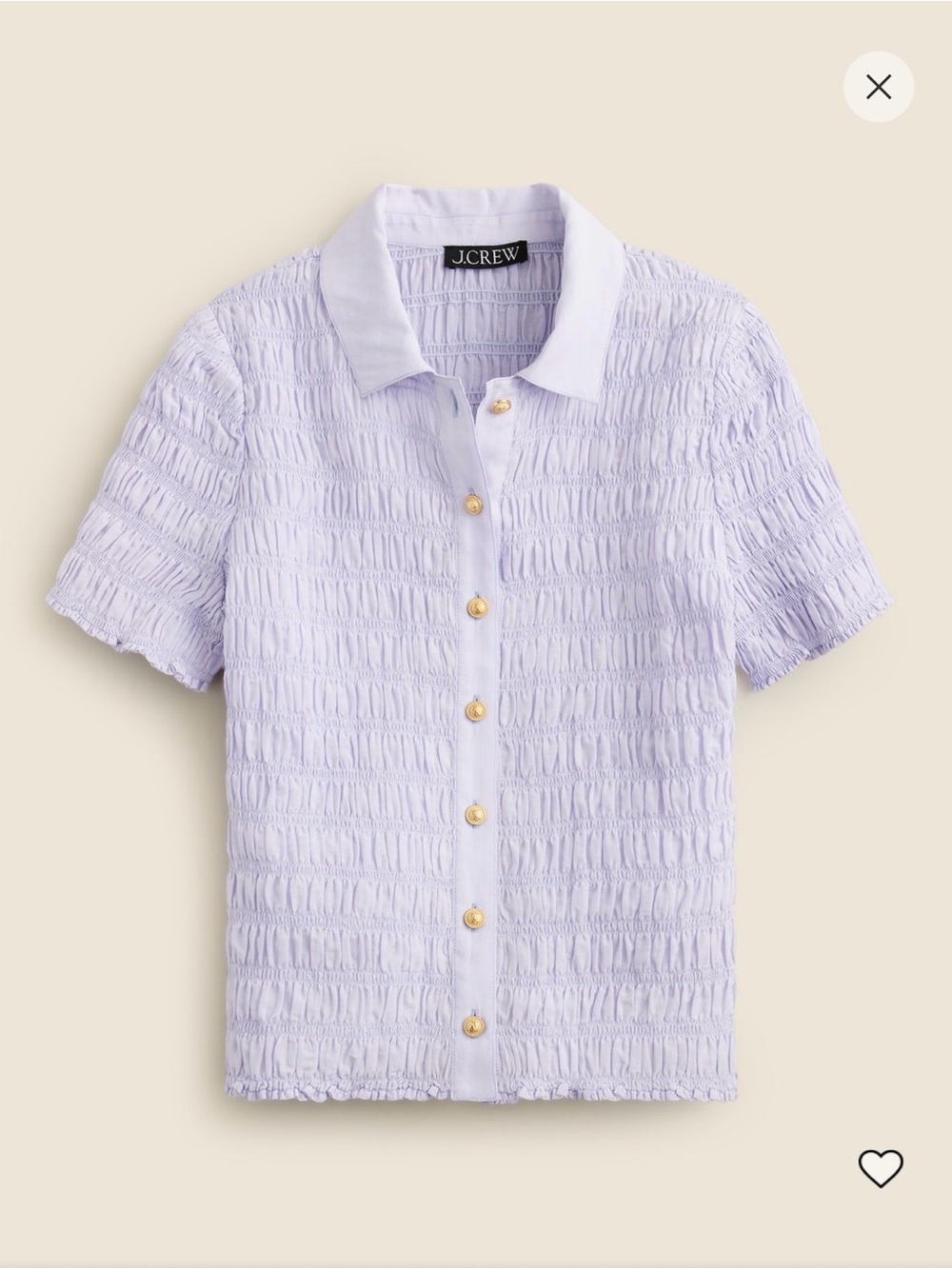 J.Crew Lavender Fitted Smocked Short-Sleeve Button Down Shirt, size L